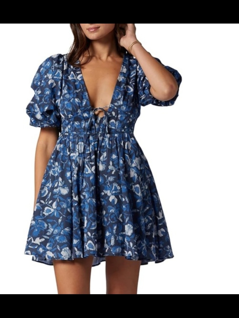 Joie 2X Blue Floral V-Neck Puff Sleeve Mini Dress